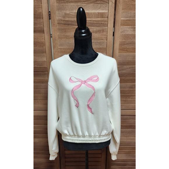 SOCIAL SCENE Fleece Sweatshirt Womens SIZE XL Extra Large White Pink Bow Top NEW - Picture 1 of 7